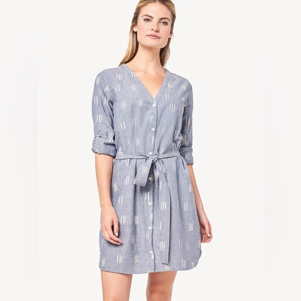 LILLA P Ikat Button Down Shirt Dress Blue Grey Size Small